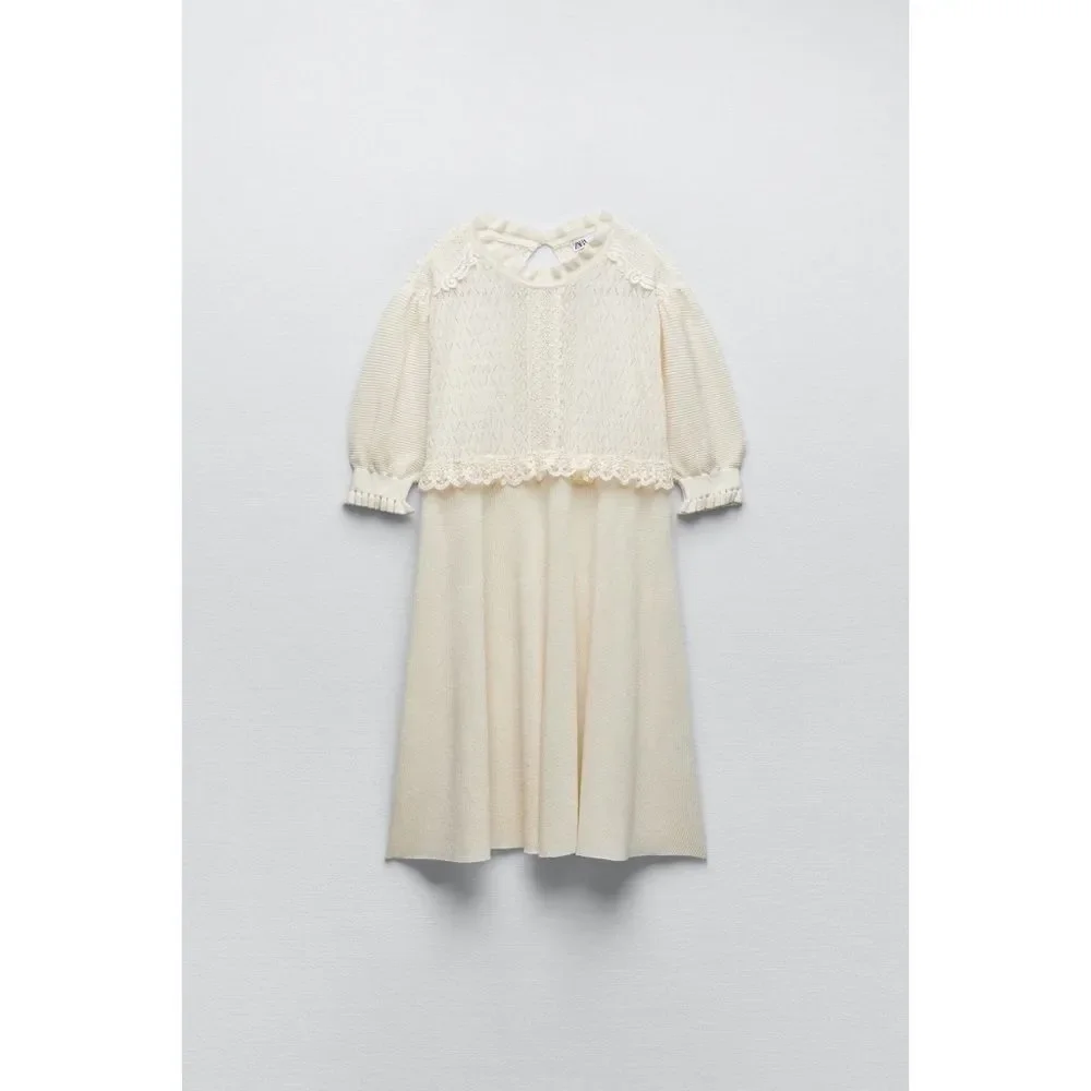 NWT Zara Mixed Pointelle Contrast Lace Detail Knit Mini Dress in Ecru, Medium